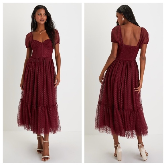 Lulus Dresses & Skirts - Lulus Sweet Amor Burgundy Tulle Swiss Dot Tiered Bustier Midi Dress
